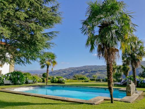 a palm tree next to a swimming pool at Casa de Quintã in Marco de Canaveses