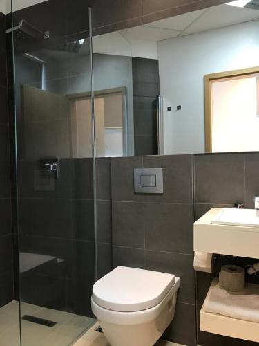 a bathroom with a toilet and a glass shower at REK Inn in Reykjavík