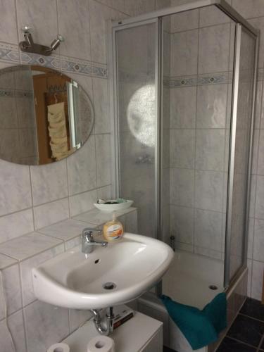 ein Bad mit einem Waschbecken und einer Dusche in der Unterkunft Apartement in Seelze Lohnde in Seelze