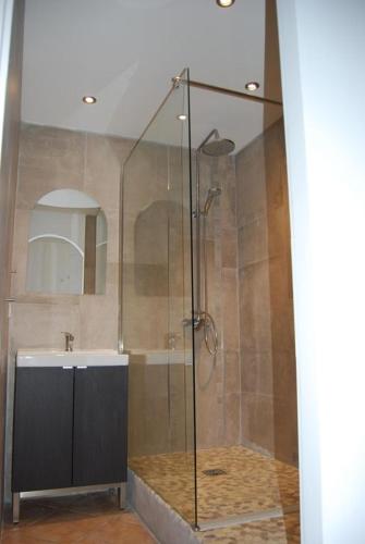 une salle de bain avec douche et lavabo dans l'établissement gite dentelles, à Loriol-du-Comtat