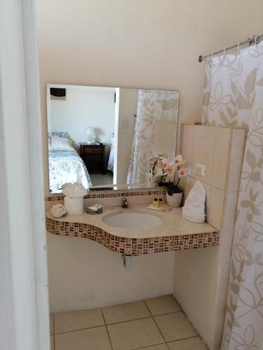 y baño con lavabo y espejo. en Cabinas Gosen en Puntarenas