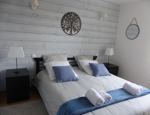 1 Schlafzimmer mit 2 Betten mit blauen und weißen Kissen in der Unterkunft La maison de Joëlle in Châteauvieux