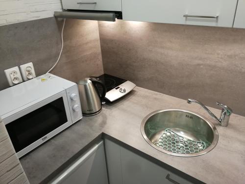 a kitchen counter with a sink and a microwave at Kremerowska Apartment in Krakow