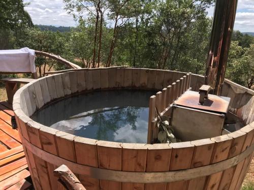 a wooden barrel tub with a pool of water at Los Encinos de Chancoyan in Valdivia