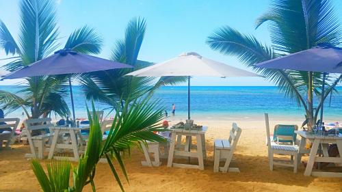 a beach with tables and chairs and the ocean at A La Dolce Vita Beachfront Hotels, Las Terrenas, Samana in Las Terrenas