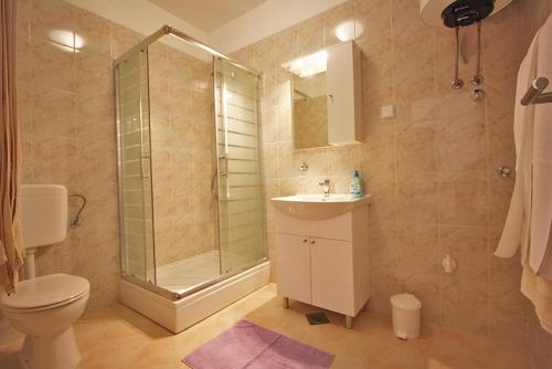 a bathroom with a shower and a sink and a toilet at Apartman Petra in Fažana