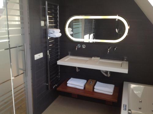 La salle de bains est pourvue d'un lavabo et d'un miroir. dans l'établissement Wellness Caracol, à West-Terschelling
