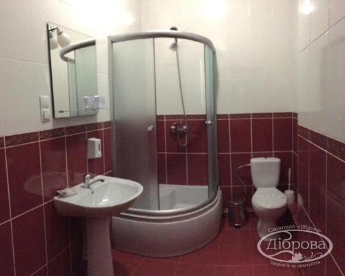 W łazience znajduje się prysznic, umywalka i toaleta. w obiekcie Dibrova w mieście Biała Cerkiew