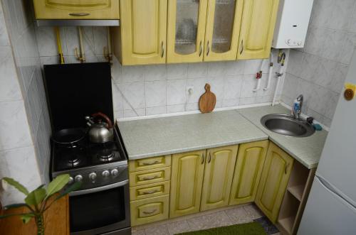 una pequeña cocina con armarios amarillos y fregadero en Apartment on Petropavlivs'ka 90, en Sumy