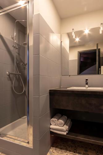 une salle de bain avec une douche, un lavabo et un miroir dans l'établissement Maison de centre ville, à Souillac
