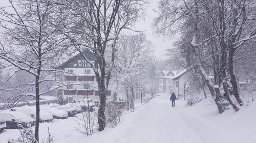 a person walking down a snow covered street at Hotel Winterberg Resort in Winterberg