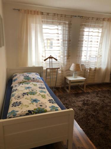1 dormitorio con cama, mesa y ventanas en City Apartment in Nürnberg Center, en Núremberg
