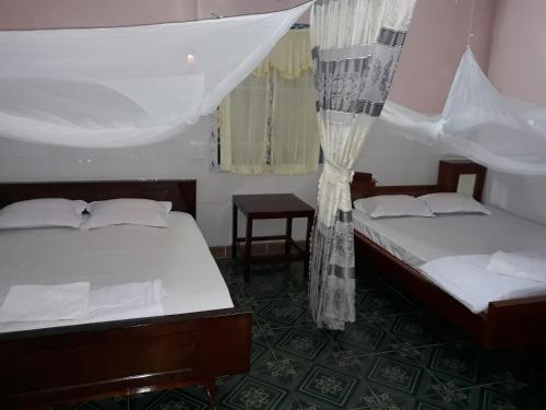 a bedroom with two beds and a mosquito net at Flower & Frog Homestay in Sa Ðéc