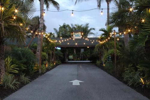 an overhead walkway with christmas lights and palm trees at Siesta Key Palms Resort in Sarasota