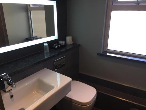 a bathroom with a sink and a toilet and a mirror at The Peacock in Bakewell
