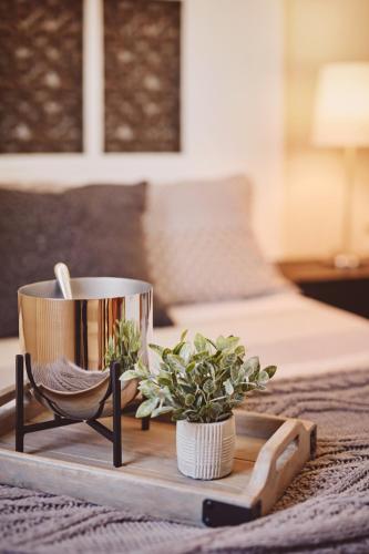a tray with a bucket and a plant on a bed at Auberge de l'Abbaye d'Oka in Oka