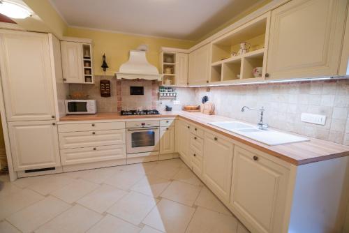 a kitchen with white cabinets and a sink at Villa Zupan with Hot Tub in Škocjan