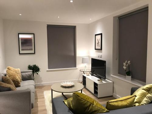 ein Wohnzimmer mit einem Sofa und einem TV in der Unterkunft Kew Bridge Apartments in London