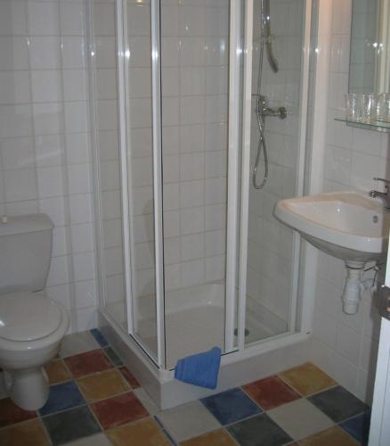 une salle de bain avec une douche, des toilettes et un lavabo dans l'établissement Le Relais De Clavières, à Clavières-de-Montagne
