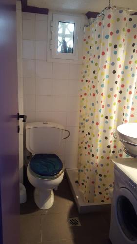 a bathroom with a toilet with a shower curtain at Cozy summer house by the beach in Fourka