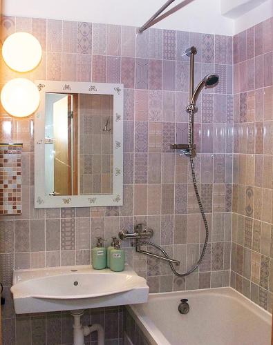 a bathroom with a shower and a sink and a tub at Nameja Apartments in Jēkabpils