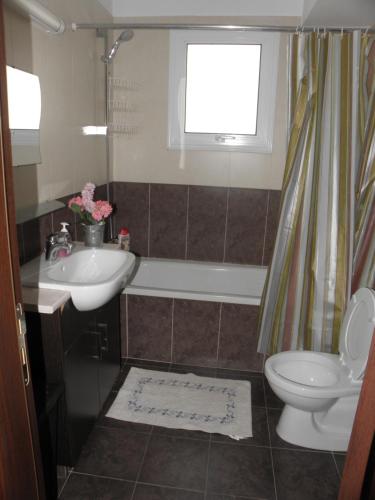 e bagno con lavandino, servizi igienici e doccia. di Cosy apartment in a luxury resort a Paralimni