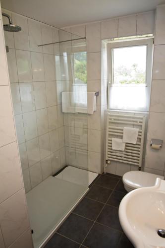a bathroom with a shower and a toilet and a sink at Pension Clara in Wattens