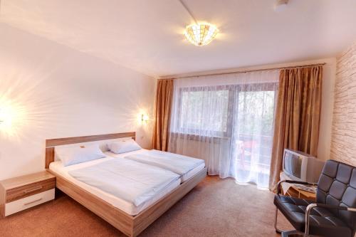 a bedroom with a bed and a tv and a window at Hotel Pension Blüchersruh in Bad Berneck im Fichtelgebirge