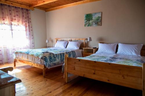 a bedroom with two beds and a window at The Mouzakles Mansion in Metsovo
