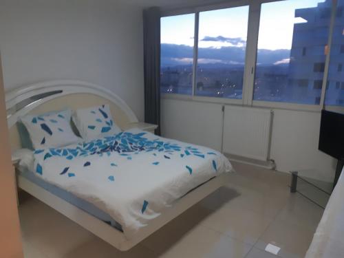 1 dormitorio con cama y ventana grande en Appartement Laurent Bonnevay, en Villeurbanne