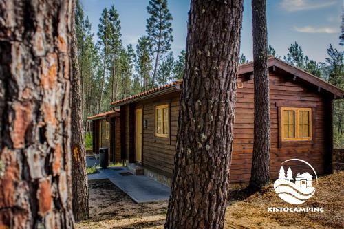 a log cabin in the woods next to a tree at xisto camping in Janeiro de Baixo