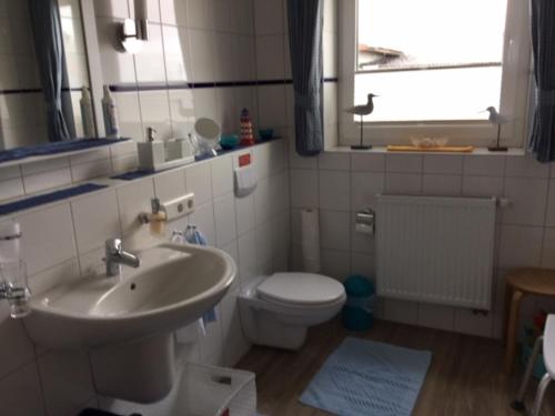 een badkamer met een wastafel, een toilet en een raam bij Theodor Storm Unterkünfte 2 in Husum