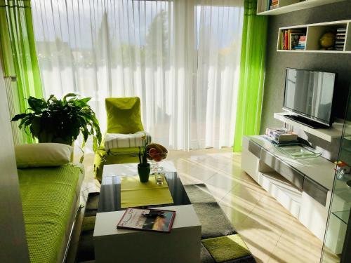 a living room with a couch and a tv at Ferienwohnung Vogesenblick in Mahlberg