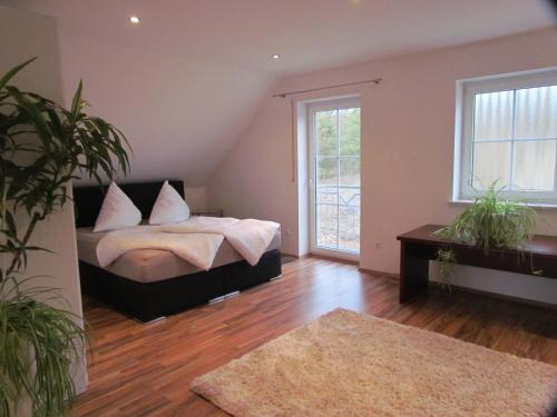 a bedroom with a bed and two windows at Ferien- bzw. Zeitwohnen Burglengenfeld in Burglengenfeld