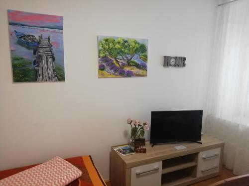 a living room with a tv on a desk with two paintings at Studio Rose in Pula