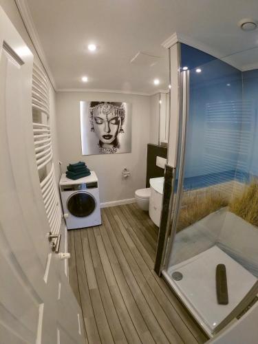 a small bathroom with a shower and a toilet at Ferienwohnungen Arkonablick Schneidereit in Lohme