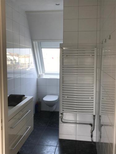 een witte badkamer met een toilet en een raam bij Appartement Brouwer in Egmond aan Zee