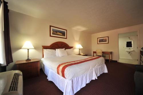 une chambre d'hôtel avec un grand lit et deux lampes dans l'établissement Motel Zuma, à Williamsburg