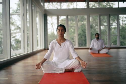 two people sitting in a yoga pose on a red rug at SpiceTree Rajakumari in Munnar