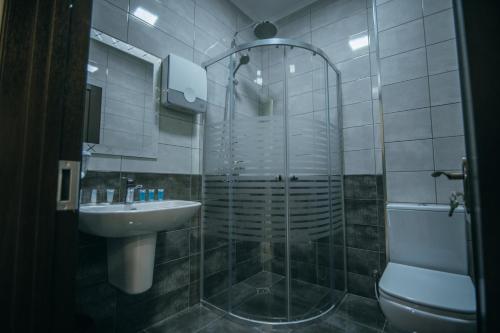 巴統的住宿－Hotel Batumi Palace，带淋浴、盥洗盆和卫生间的浴室