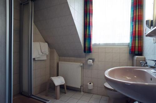 La salle de bains est pourvue d'un lavabo et de toilettes. dans l'établissement Hotel Delfthalle, à Emden