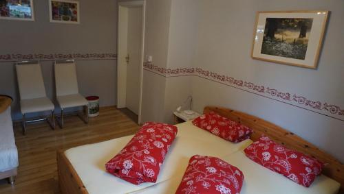 a bedroom with a bed with red pillows on it at Ferienwohnung Ott in Beerheide