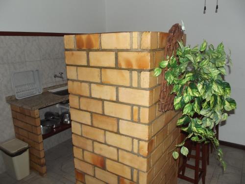 a brick wall with a plant on it in a kitchen at Pousada Flats Paguru in Búzios