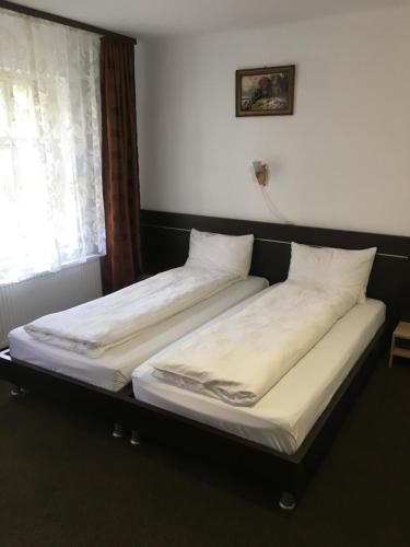 2 camas individuales en una habitación con ventana en Iony Apartament, en Sibiu