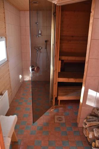 y baño con ducha y puerta de cristal. en Männikkölän Pirtti en Nurmes