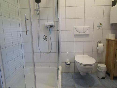 a bathroom with a shower and a toilet at Ferienwohnung Sannhoff in Schneverdingen