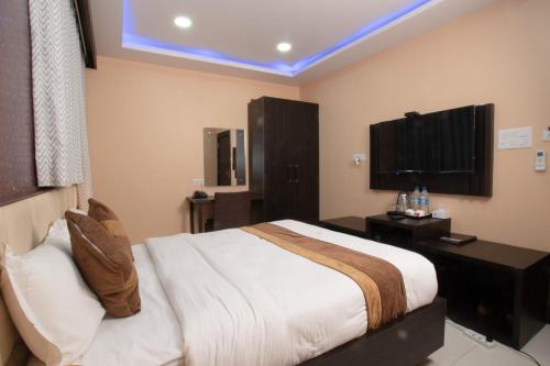 a bedroom with a large bed and a television at Annapurna Hotel in Bīrganj
