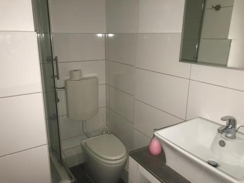 a bathroom with a toilet and a sink at Waldhotel "Peter aufm Berge" in Bielefeld