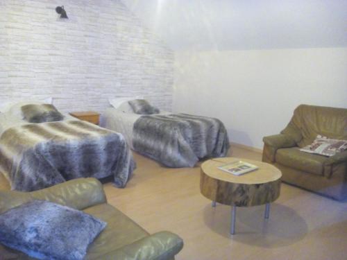Pokój z 2 łóżkami, kanapą i stołem w obiekcie Chez Brigitte et Sylvain w Annecy