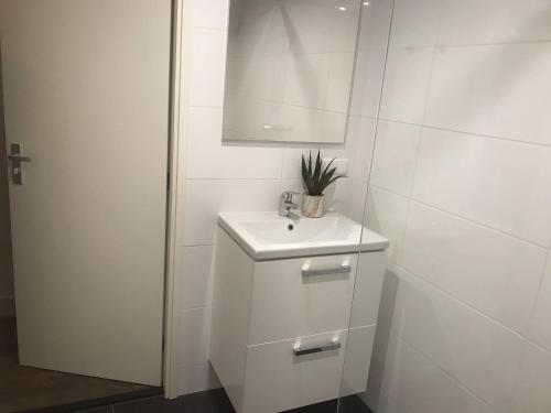 a white bathroom with a sink and a mirror at Central sweet BNB in Amsterdam